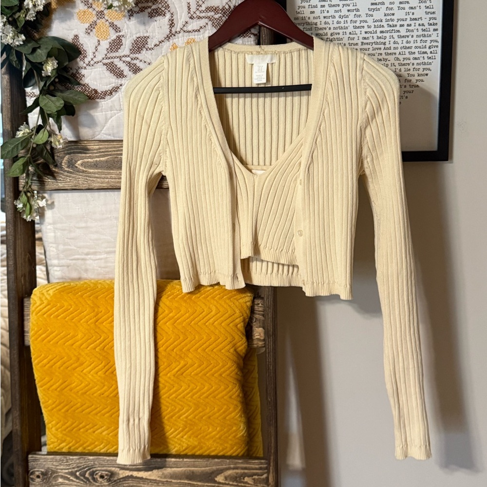 H&M Light Yellow Ribbed Knit Cropped Cardi & Tank